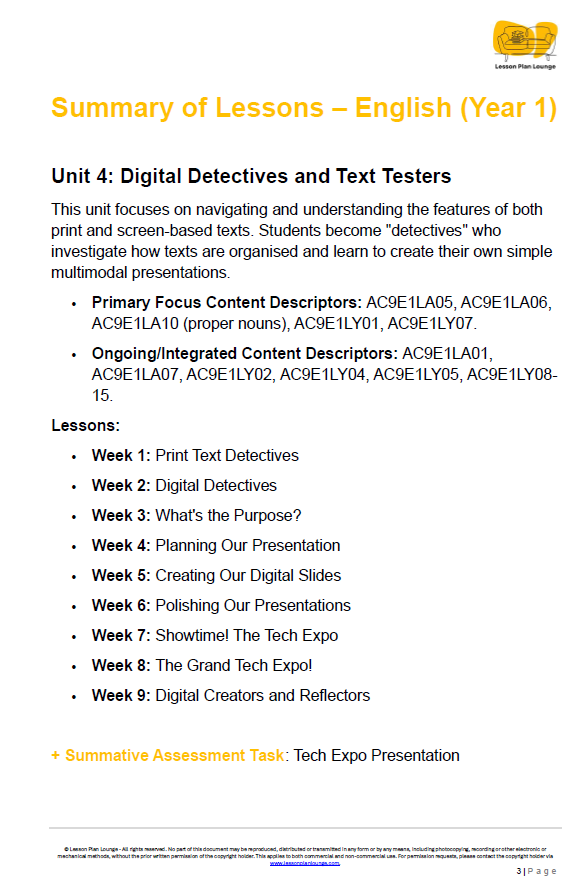 English - Unit 4: Digital Detectives and Text Testers - LESSON PLANS - Year 1