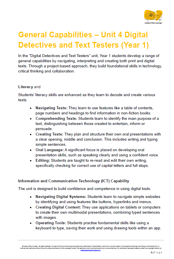 English - Unit 4: Digital Detectives and Text Testers - LESSON PLANS - Year 1