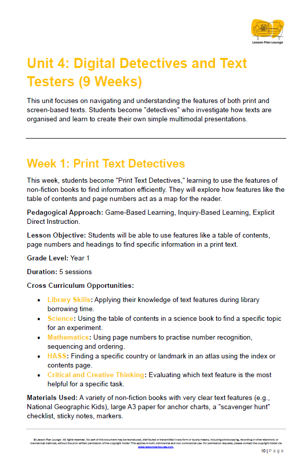 English - Unit 4: Digital Detectives and Text Testers - LESSON PLANS - Year 1