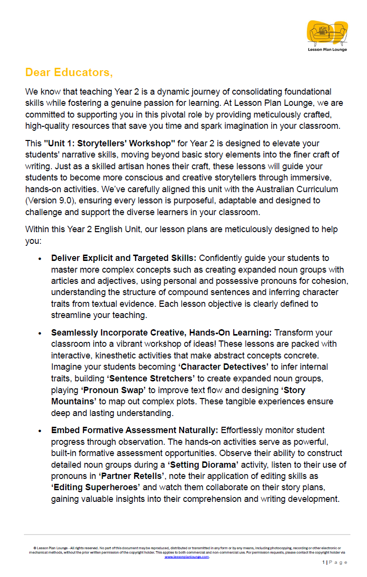 English - Unit 1: Storytellers' Workshop - LESSON PLANS - Year 2