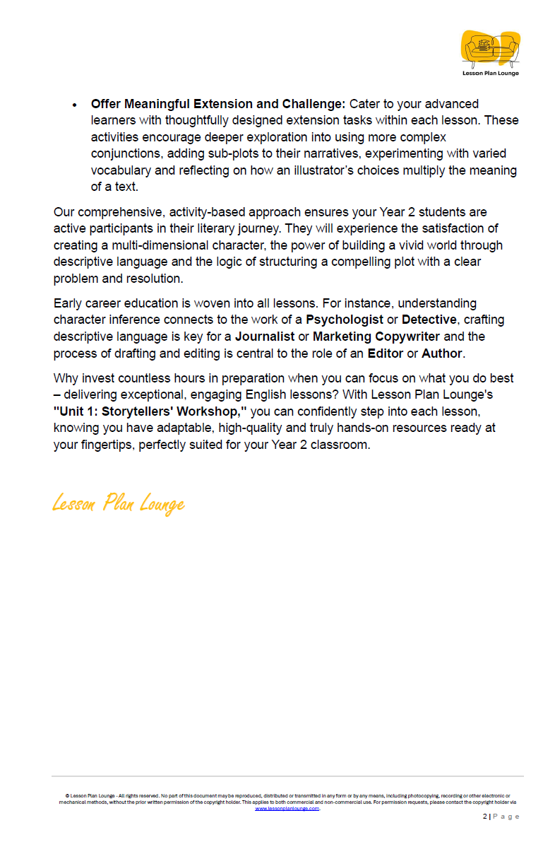 English - Unit 1: Storytellers' Workshop - LESSON PLANS - Year 2