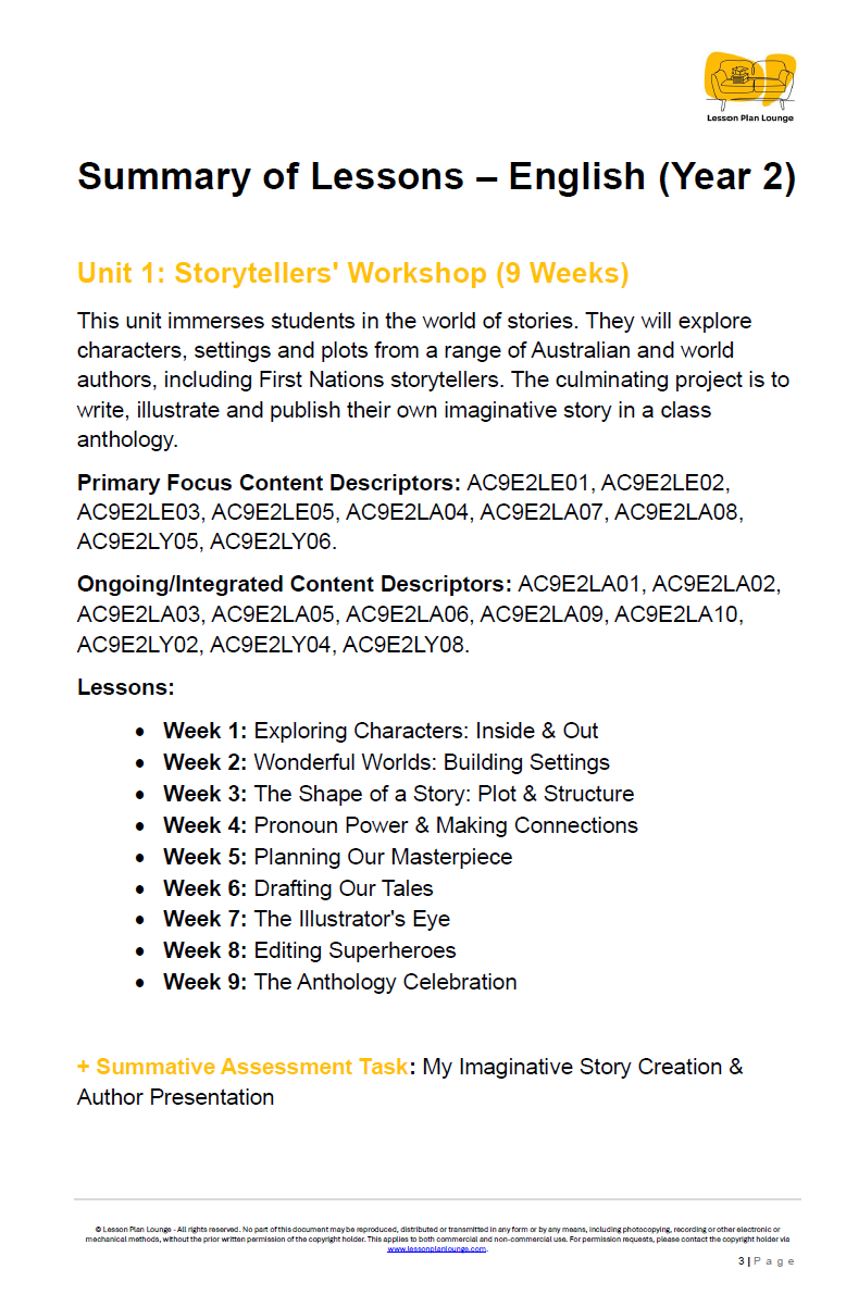 English - Unit 1: Storytellers' Workshop - LESSON PLANS - Year 2