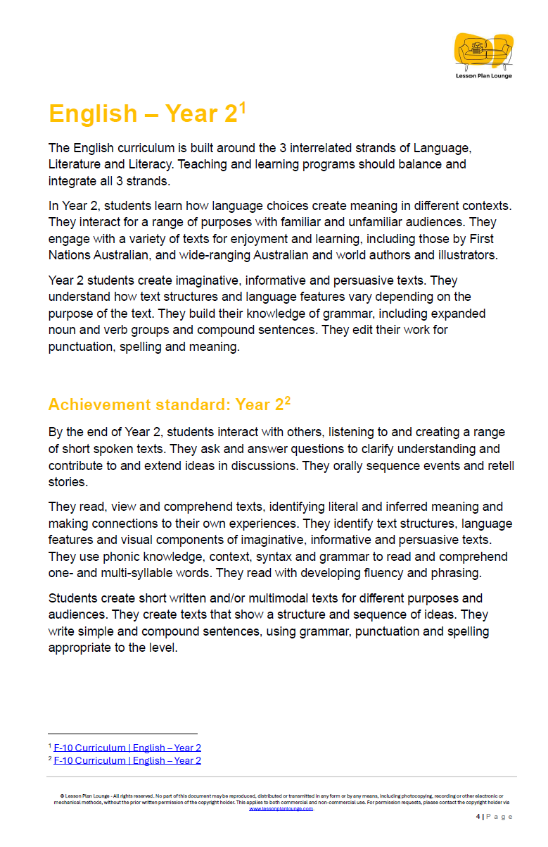 English - Unit 1: Storytellers' Workshop - LESSON PLANS - Year 2