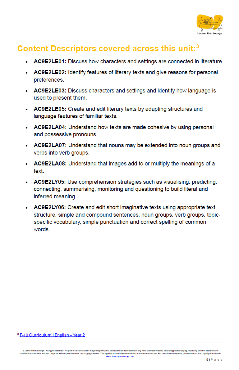 English - Unit 1: Storytellers' Workshop - LESSON PLANS - Year 2