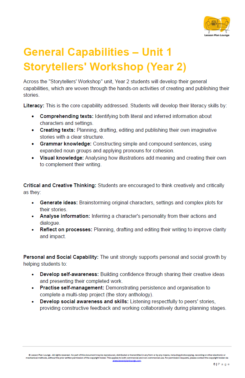 English - Unit 1: Storytellers' Workshop - LESSON PLANS - Year 2