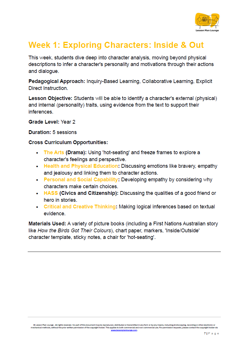 English - Unit 1: Storytellers' Workshop - LESSON PLANS - Year 2
