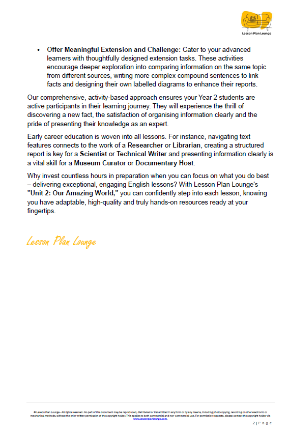 English - Unit 2: Our Amazing Worlds (Informative Texts) - LESSON PLANS - Year 2