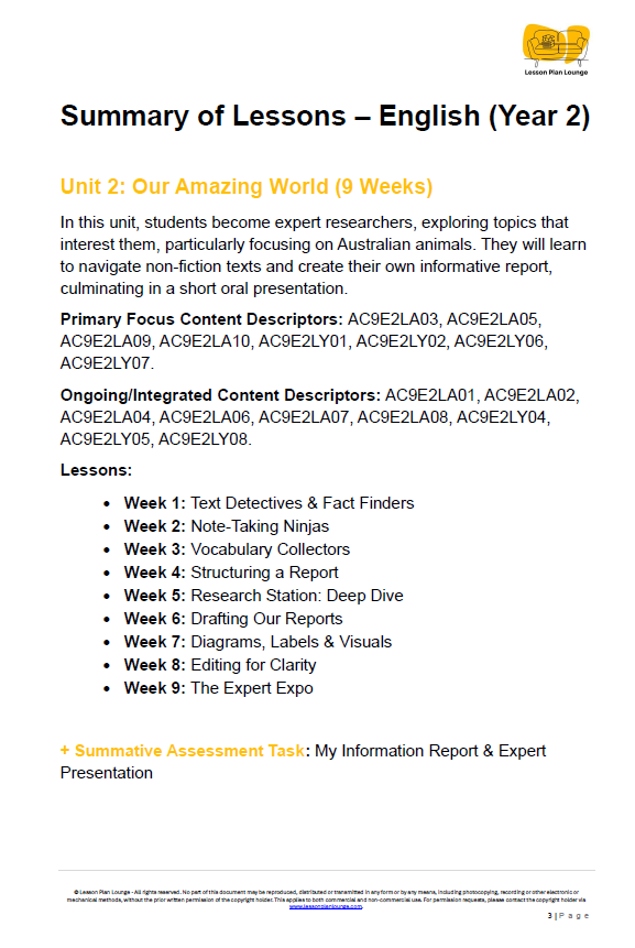 English - Unit 2: Our Amazing Worlds (Informative Texts) - LESSON PLANS - Year 2