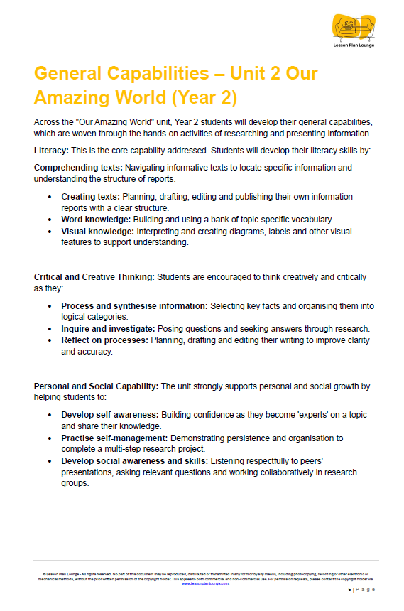 English - Unit 2: Our Amazing Worlds (Informative Texts) - LESSON PLANS - Year 2