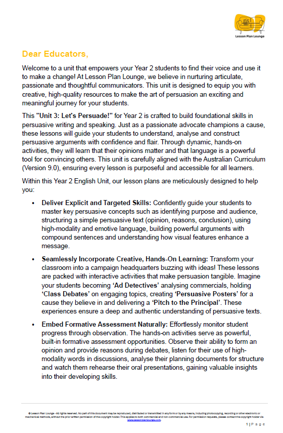 English - Unit 3: Let's Persuade! (Persuasive Texts) - LESSON PLANS - Year 2