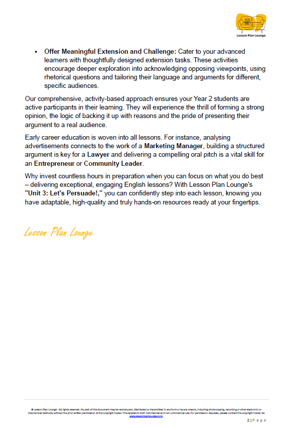 English - Unit 3: Let's Persuade! (Persuasive Texts) - LESSON PLANS - Year 2