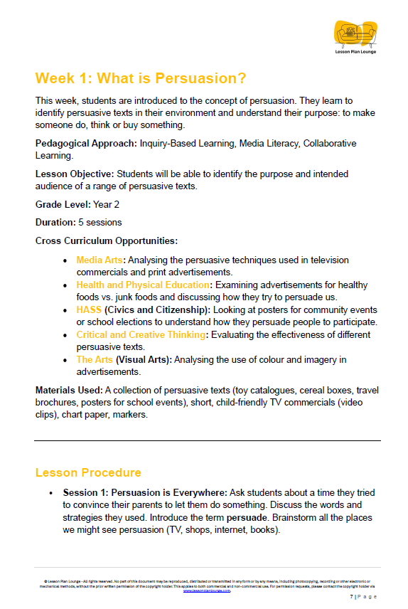 English - Unit 3: Let's Persuade! (Persuasive Texts) - LESSON PLANS - Year 2