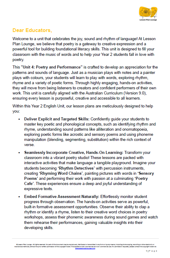 English - Unit 4 Poetry and Performance (Rhythmic and Expressive Texts) - LESSON PLANS - Year 2