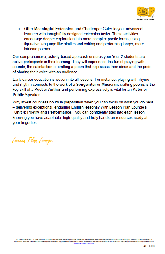 English - Unit 4 Poetry and Performance (Rhythmic and Expressive Texts) - LESSON PLANS - Year 2