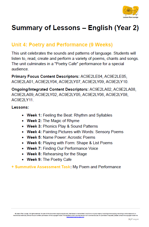 English - Unit 4 Poetry and Performance (Rhythmic and Expressive Texts) - LESSON PLANS - Year 2