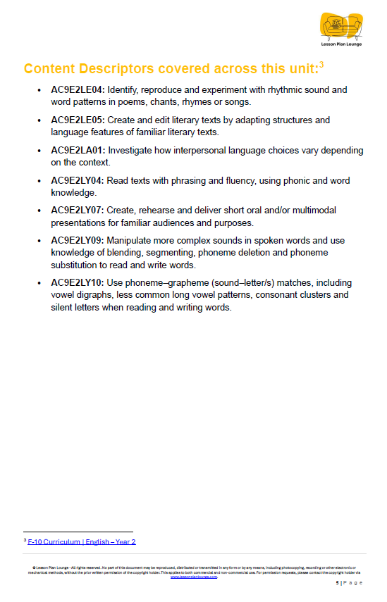 English - Unit 4 Poetry and Performance (Rhythmic and Expressive Texts) - LESSON PLANS - Year 2