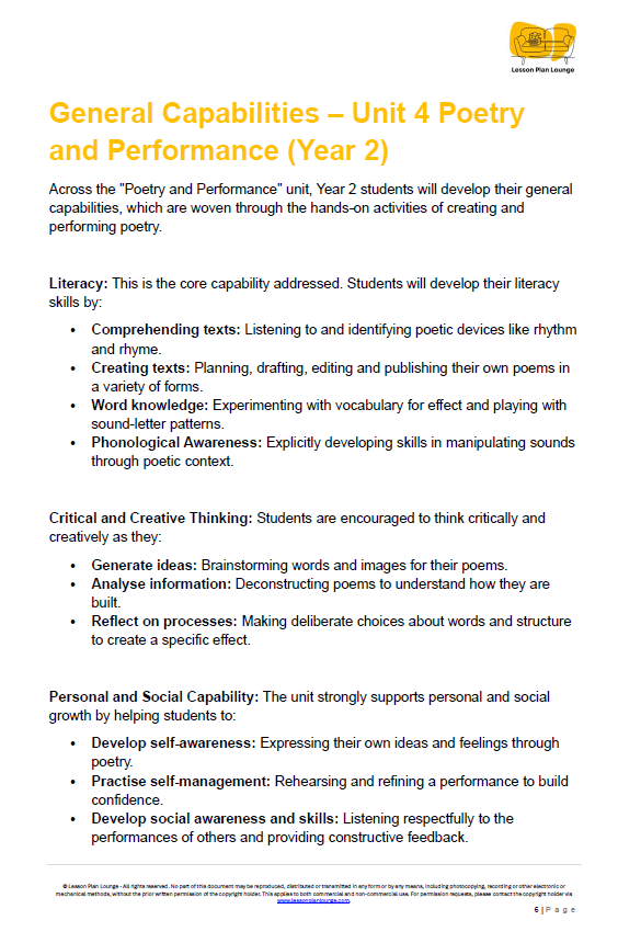 English - Unit 4 Poetry and Performance (Rhythmic and Expressive Texts) - LESSON PLANS - Year 2