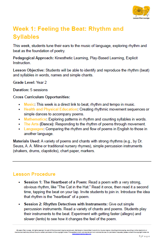 English - Unit 4 Poetry and Performance (Rhythmic and Expressive Texts) - LESSON PLANS - Year 2