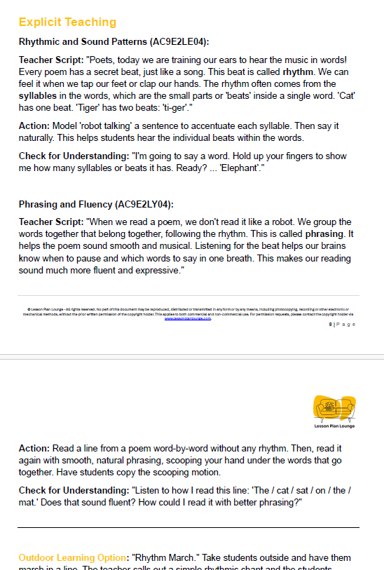 English - Unit 4 Poetry and Performance (Rhythmic and Expressive Texts) - LESSON PLANS - Year 2