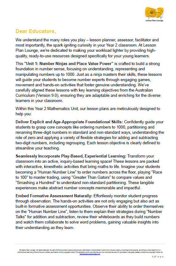 Mathematics - Unit 1: Number Ninjas & Place Value Power - LESSON PLANS - Year 2