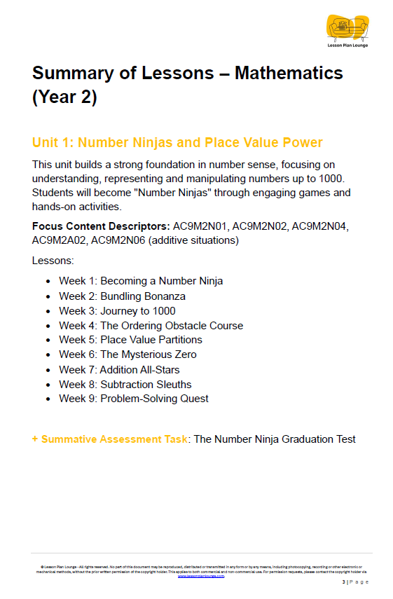 Mathematics - Unit 1: Number Ninjas & Place Value Power - LESSON PLANS - Year 2