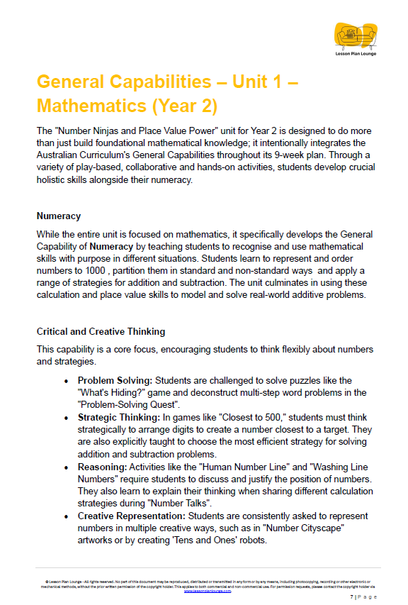Mathematics - Unit 1: Number Ninjas & Place Value Power - LESSON PLANS - Year 2