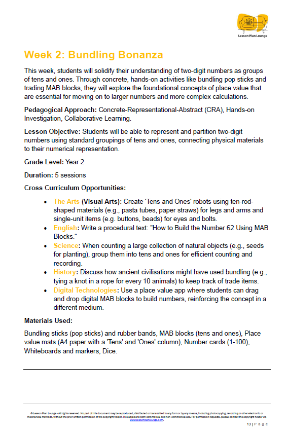 Mathematics - Unit 1: Number Ninjas & Place Value Power - LESSON PLANS - Year 2