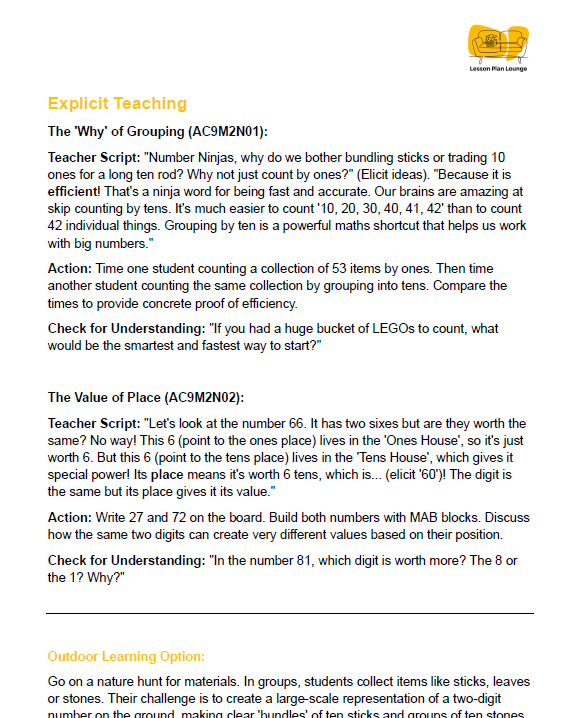 Mathematics - Unit 1: Number Ninjas & Place Value Power - LESSON PLANS - Year 2