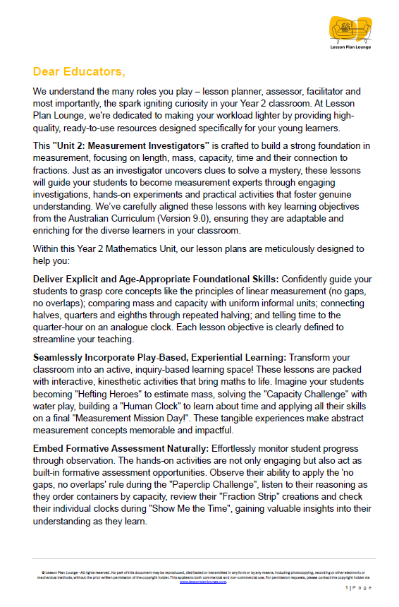 Mathematics - Unit 2: Measurement Investigators - LESSON PLANS - Year 2