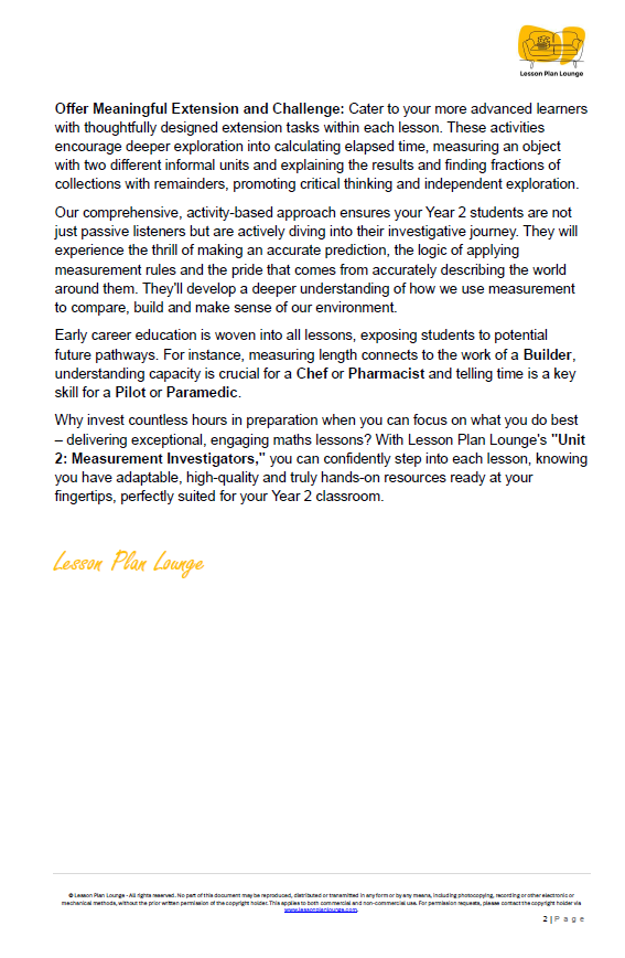 Mathematics - Unit 2: Measurement Investigators - LESSON PLANS - Year 2