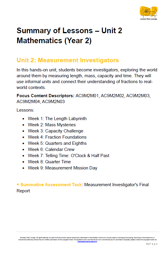 Mathematics - Unit 2: Measurement Investigators - LESSON PLANS - Year 2