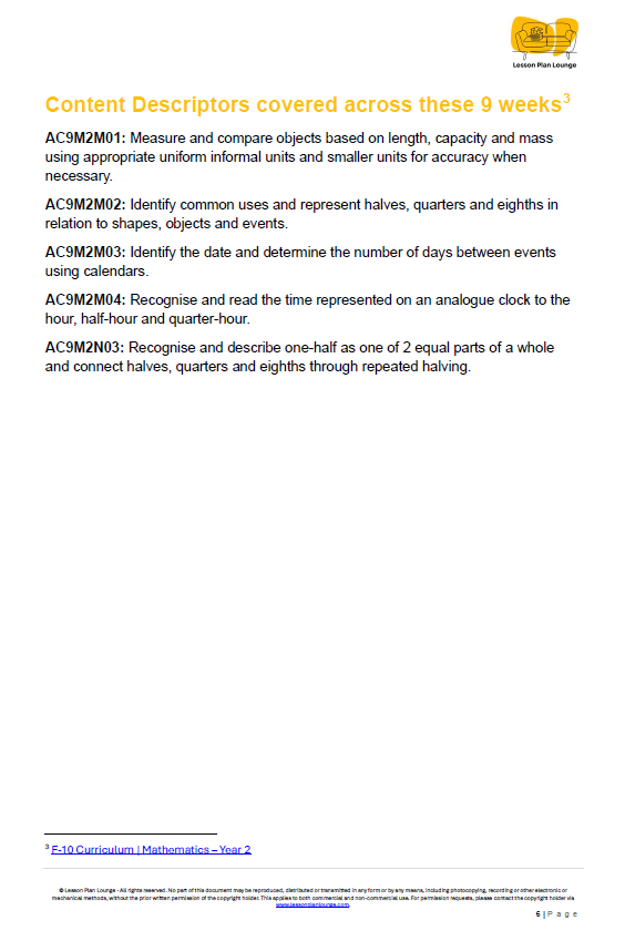 Mathematics - Unit 2: Measurement Investigators - LESSON PLANS - Year 2
