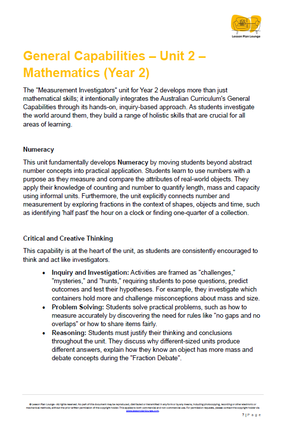 Mathematics - Unit 2: Measurement Investigators - LESSON PLANS - Year 2