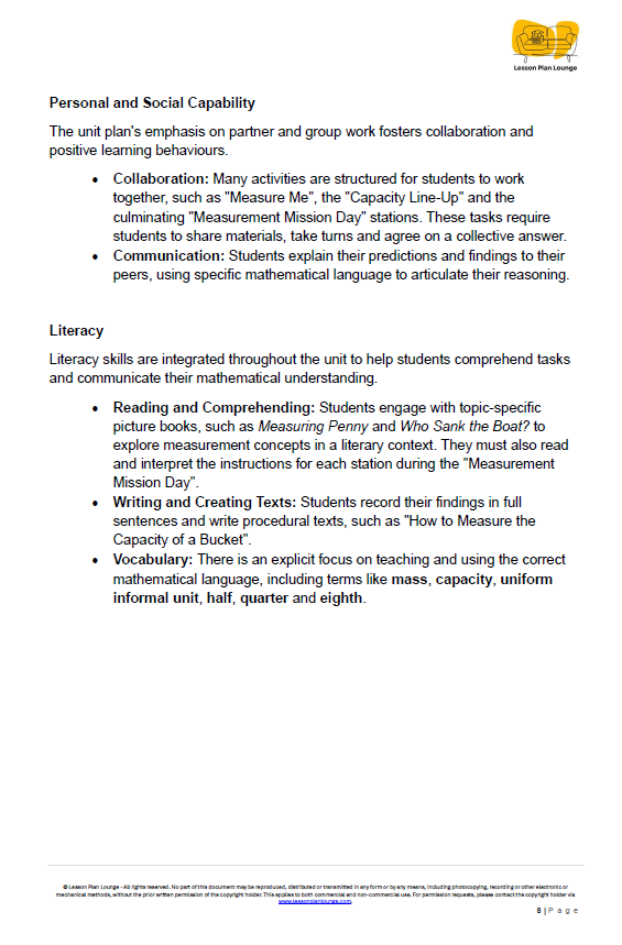 Mathematics - Unit 2: Measurement Investigators - LESSON PLANS - Year 2