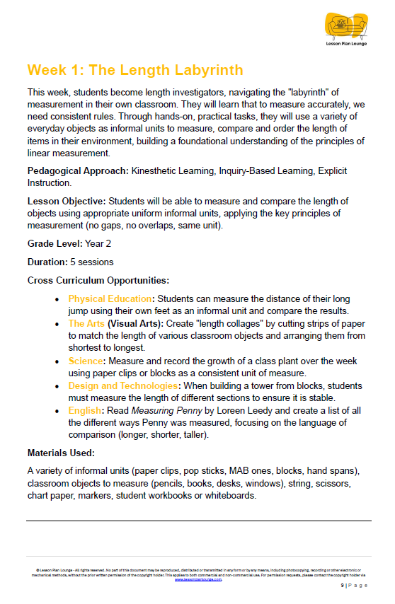 Mathematics - Unit 2: Measurement Investigators - LESSON PLANS - Year 2