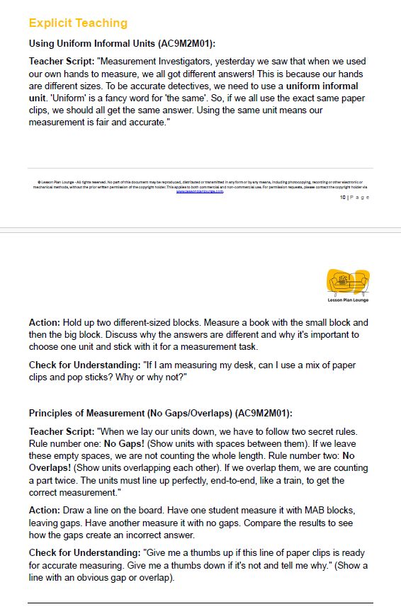 Mathematics - Unit 2: Measurement Investigators - LESSON PLANS - Year 2