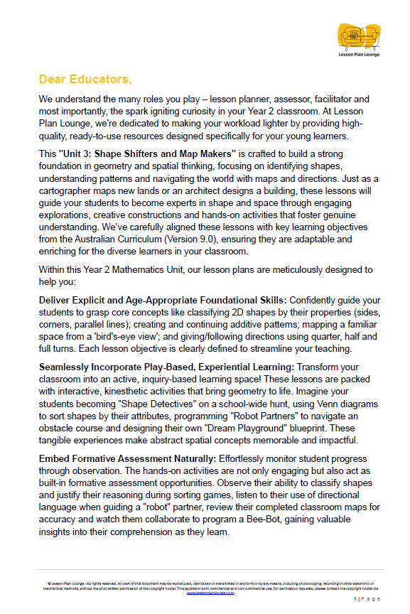 Mathematics - Unit 3: Shape Shifters & Map Makers - LESSON PLANS - Year 2