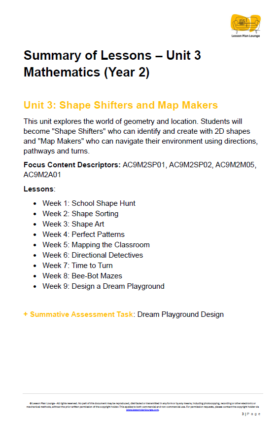 Mathematics - Unit 3: Shape Shifters & Map Makers - LESSON PLANS - Year 2