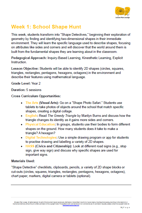 Mathematics - Unit 3: Shape Shifters & Map Makers - LESSON PLANS - Year 2