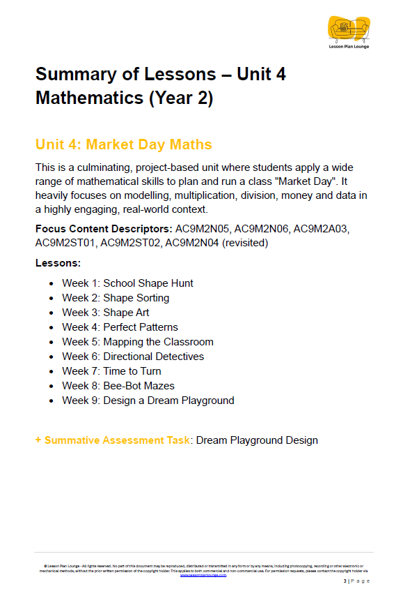 Mathematics - Unit 4: Market Day Maths - LESSON PLANS - Year 2