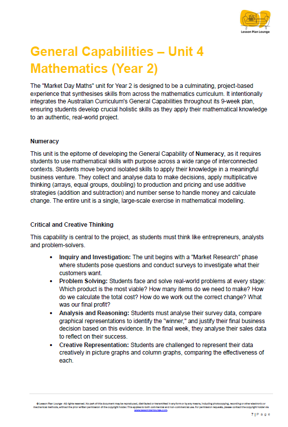 Mathematics - Unit 4: Market Day Maths - LESSON PLANS - Year 2