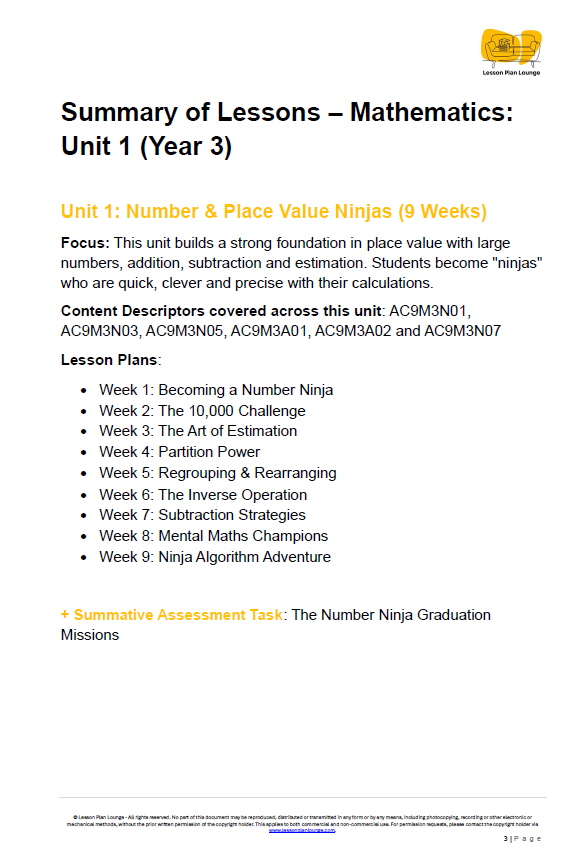 Mathematics - Unit 1: Number & Place Value Ninjas - LESSON PLANS - Year 3