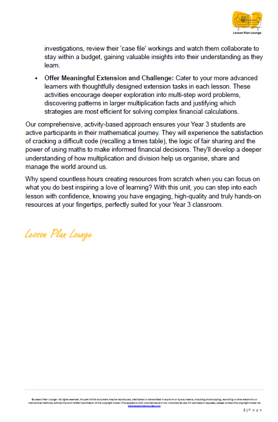 Mathematics - Unit 2: Multiplication & Division Detectives LESSON PLANS - Year 3