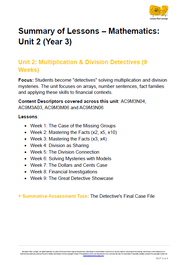 Mathematics - Unit 2: Multiplication & Division Detectives LESSON PLANS - Year 3