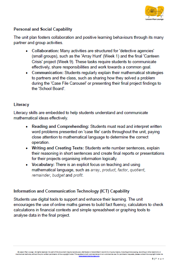 Mathematics - Unit 2: Multiplication & Division Detectives LESSON PLANS - Year 3