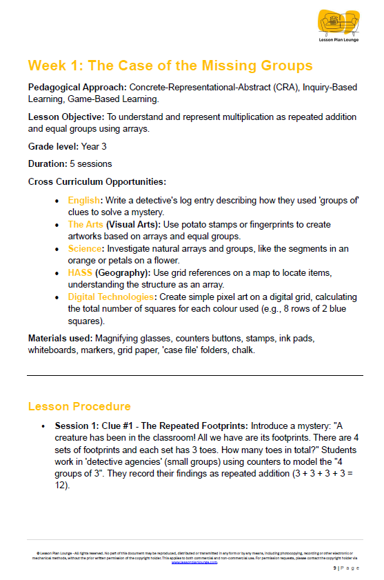 Mathematics - Unit 2: Multiplication & Division Detectives LESSON PLANS - Year 3