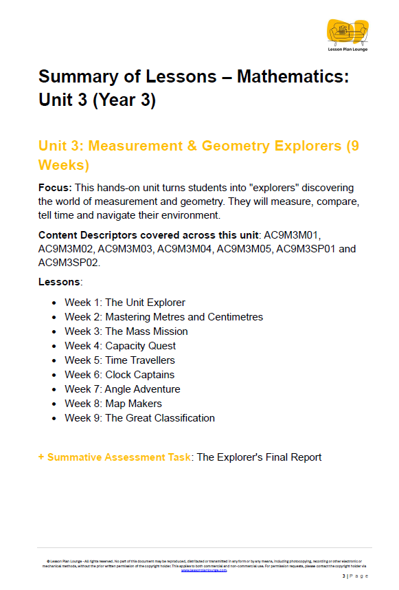 Mathematics - Unit 3: Measurement & Geometry Explorers - LESSON PLANS - Year 3