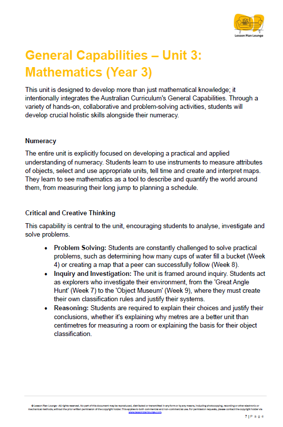 Mathematics - Unit 3: Measurement & Geometry Explorers - LESSON PLANS - Year 3