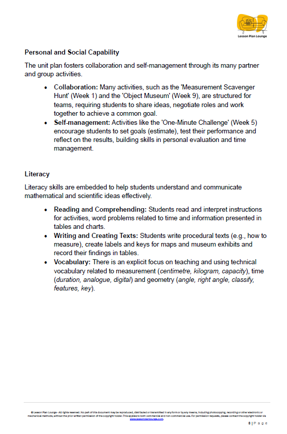 Mathematics - Unit 3: Measurement & Geometry Explorers - LESSON PLANS - Year 3