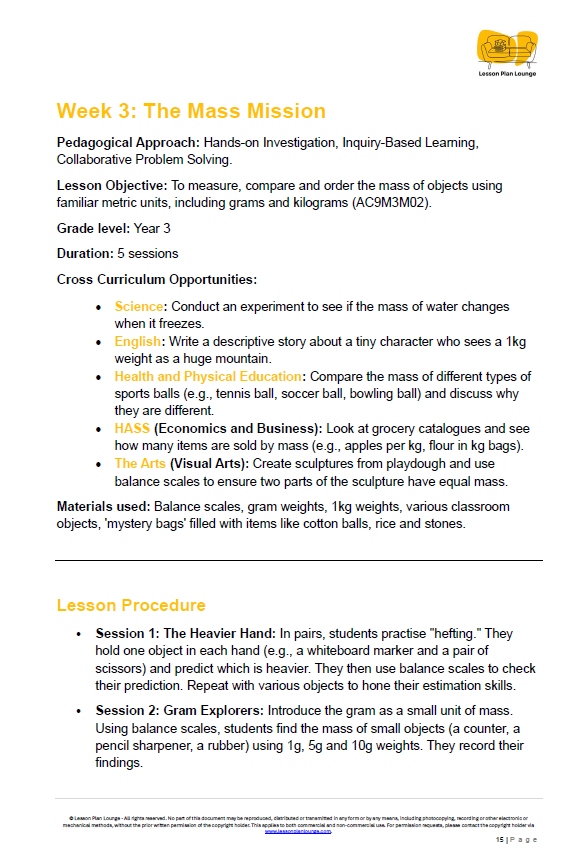 Mathematics - Unit 3: Measurement & Geometry Explorers - LESSON PLANS - Year 3